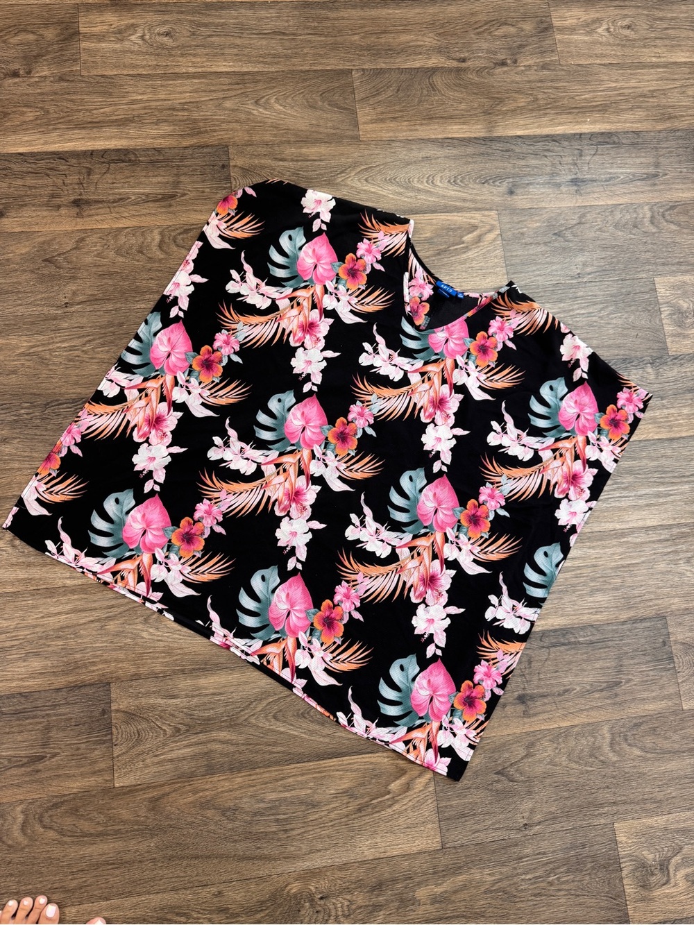 Tropical Floral Boxy Top - Black with Pink & Teal Flowers